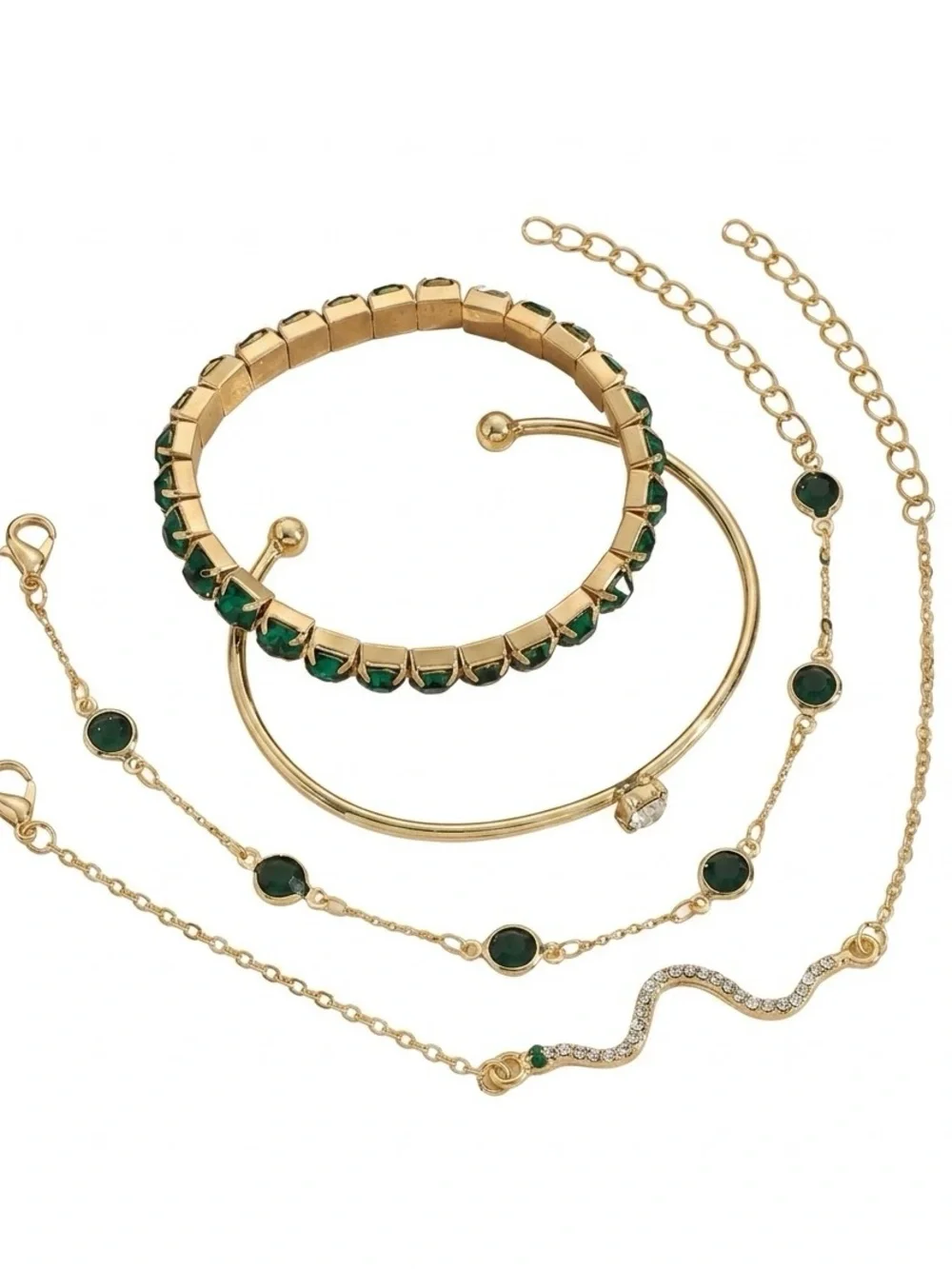 4Pcs Gold Green Crystal Snake Bracelet Set Womens Emerald Rhinestone